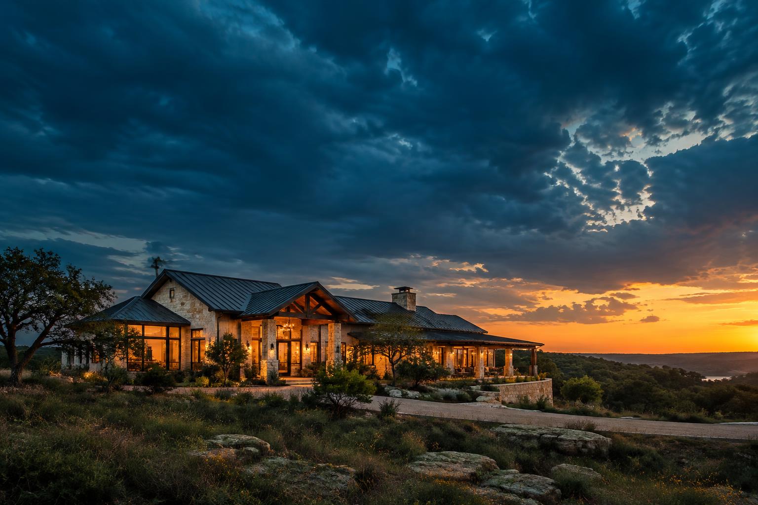 Texas home at dusk under a storm clearing sky
